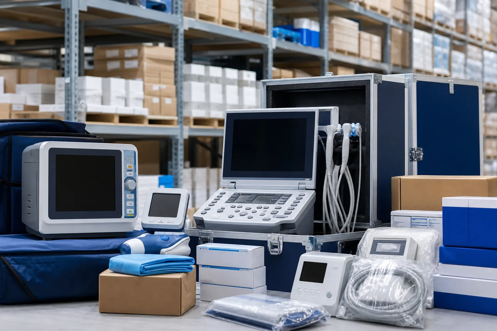 Medical equipment and supplies staged inside an organised distribution facility